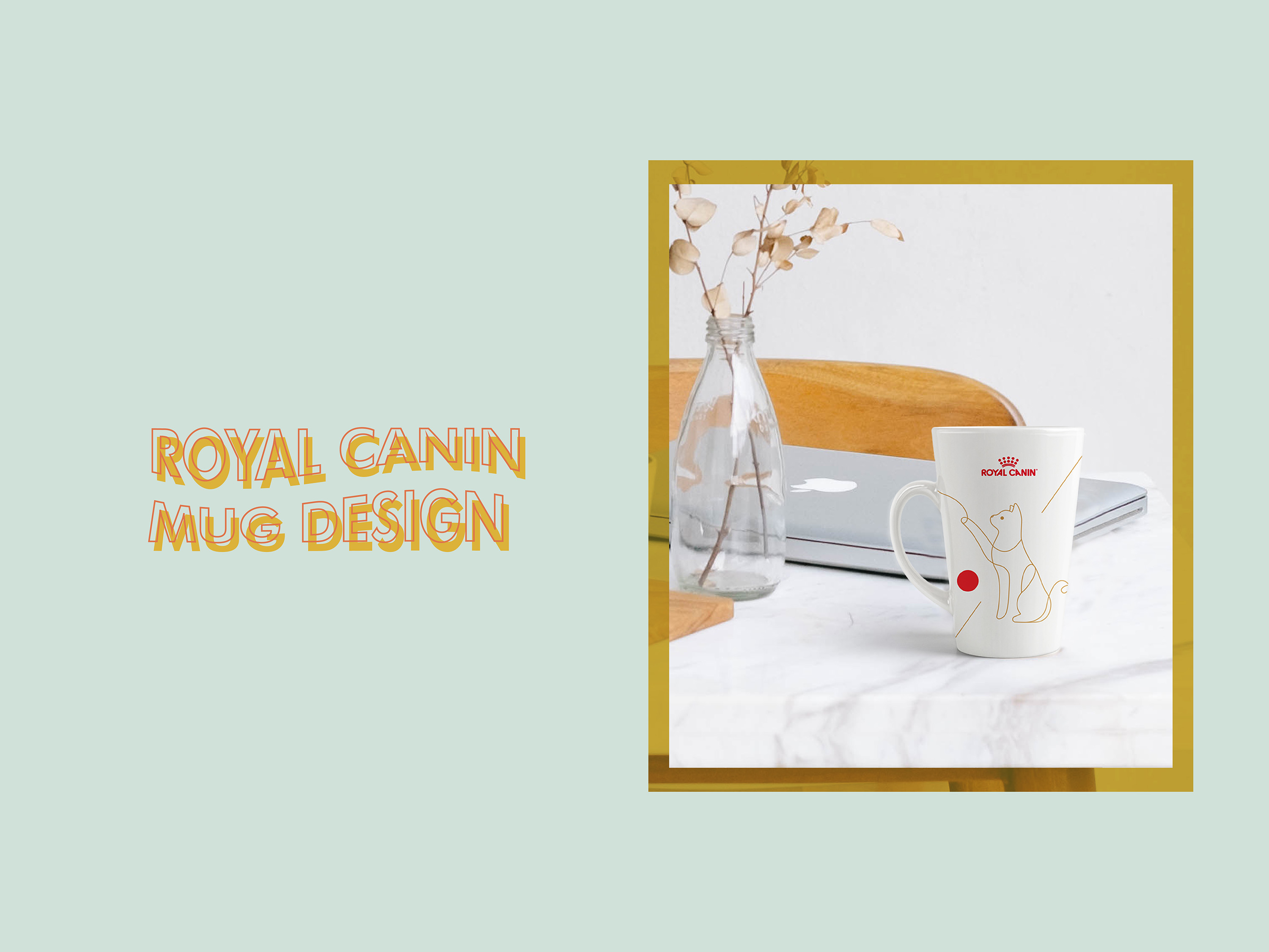 White Royal Canin mug design featuring a cat in line drawing with bold elements on marble table with laptop and flowers in a glass